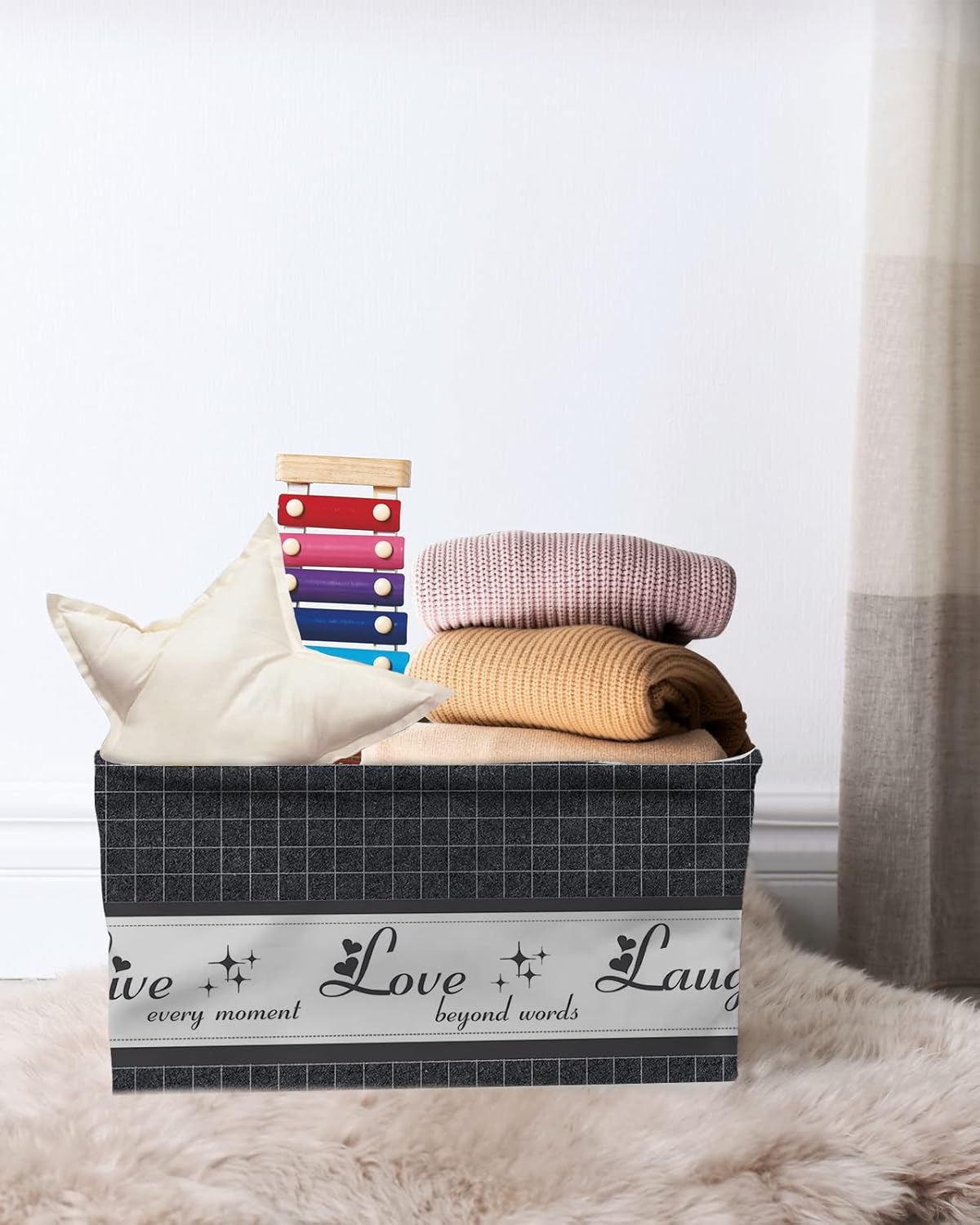 Live Love Laugh – Cesta de almacenamiento gris para organizar estantes, cajas de almacenamiento plegables con asa, arte de pared a cuadros grises