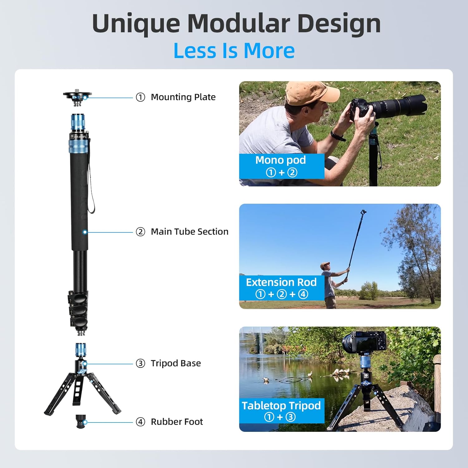 SIRUI AM-404FL Monopod para cámara con pies, monopie de video de viaje de aluminio de 74.8 pulgadas con base extraíble, delgado y ligero, carga