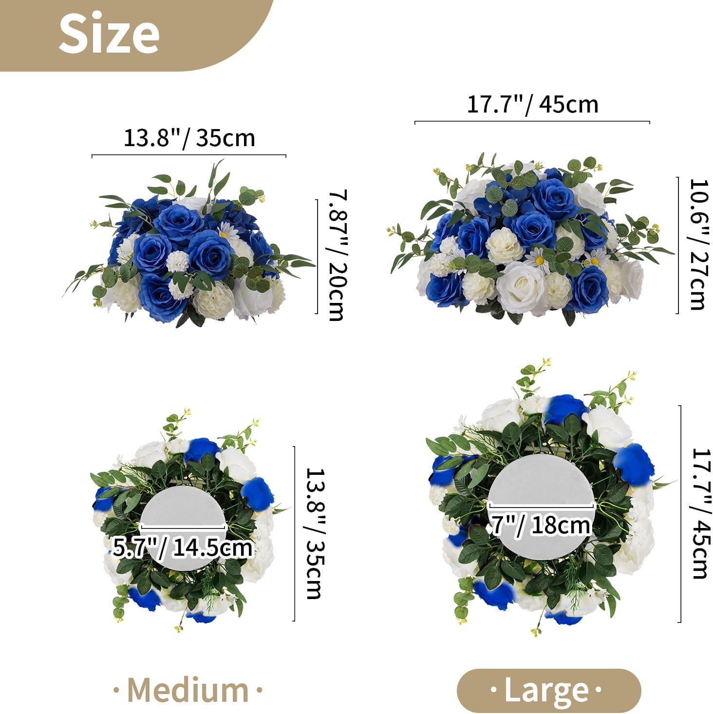 NUPTIO Ramo de arreglo de bolas de flores, 10 unidades de 17.7 pulgadas de diámetro, flores falsas azul real y blanco, bolas de rosas para centros