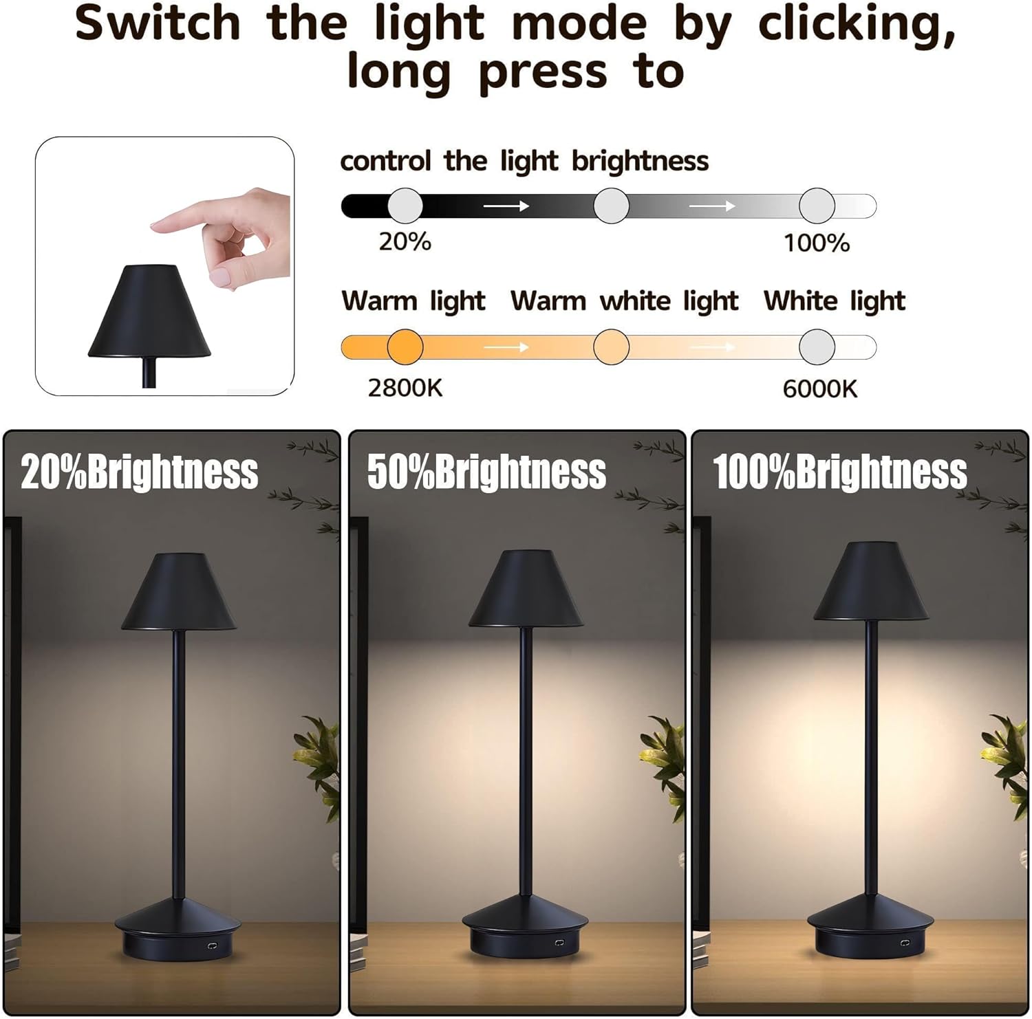 Lámparas de mesa inalámbricas, lámpara de mesa portátil recargable para interiores y exteriores, lámpara de mesa regulable de 3 colores, luz de mesa