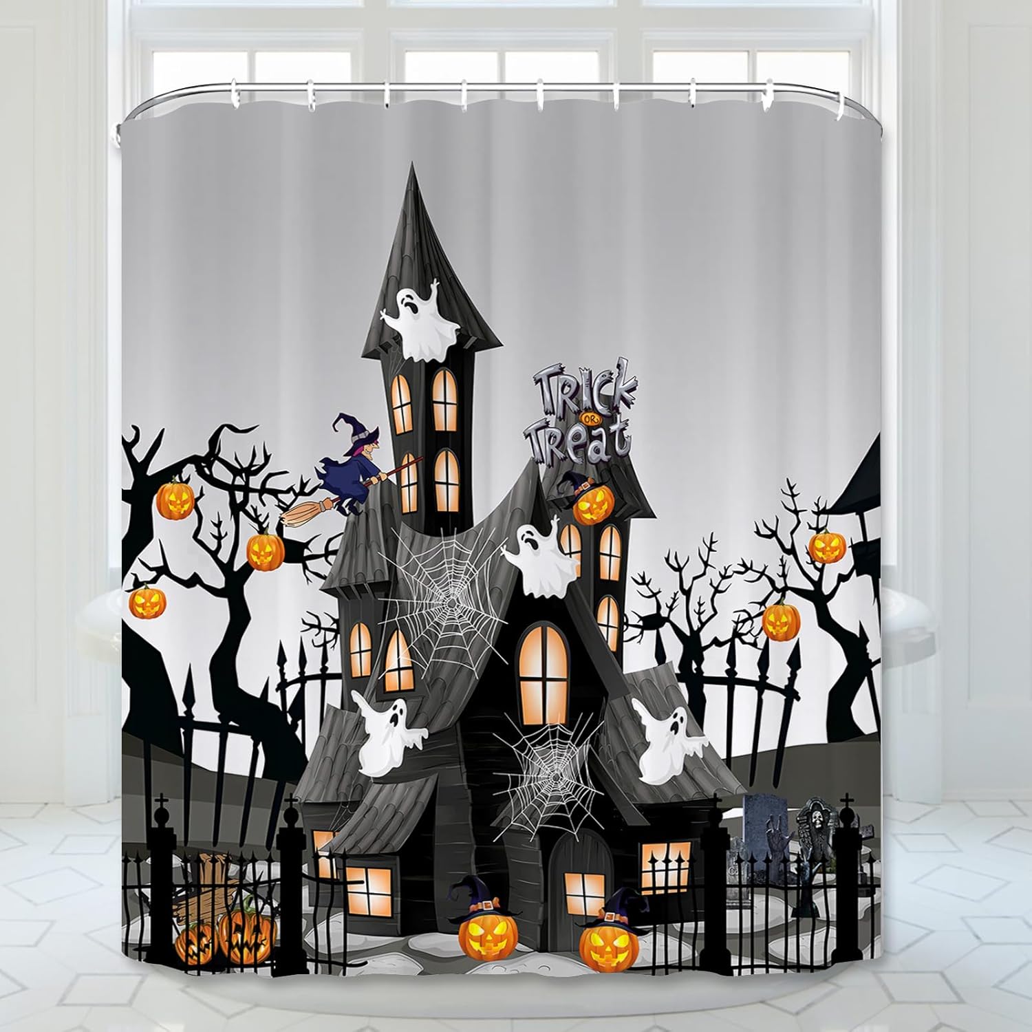 ARESD Cortina de ducha de Halloween para baño, cortina de baño de tela de araña, tela de poliéster, impermeable, decoración de Halloween, con 12