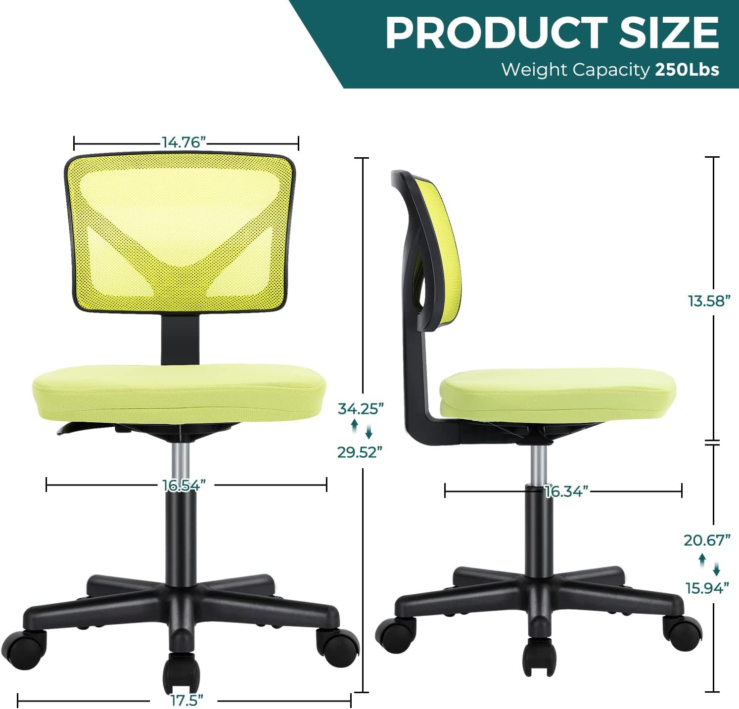 DUMOS Sillas de escritorio sin brazos con ruedas, bonita silla de oficina en casa, sin brazos, ergonómica ajustable giratoria, silla de trabajo con