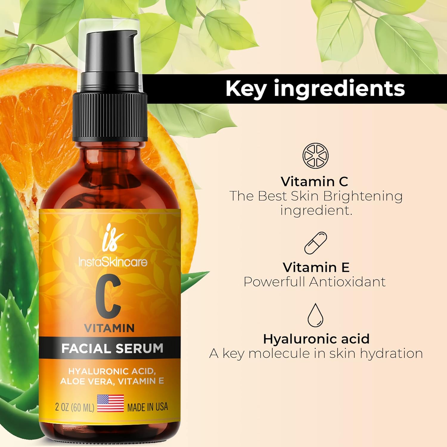 Suero de vitamina C de doble tamaño (2 onzas) para cara con ácido hialurónico y vitamina E – Suero iluminador facial – Suero natural