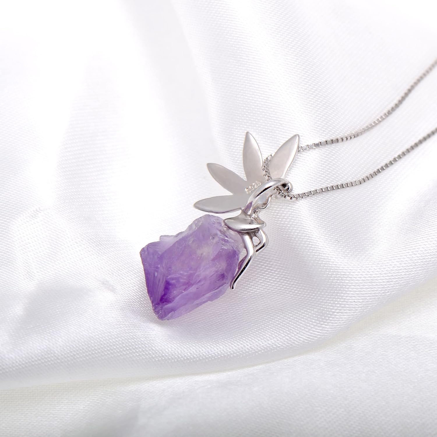 Paialco 925 Sterling Silver Fairy Sitting on Amethyst Rock Rough Stone Necklace for Women