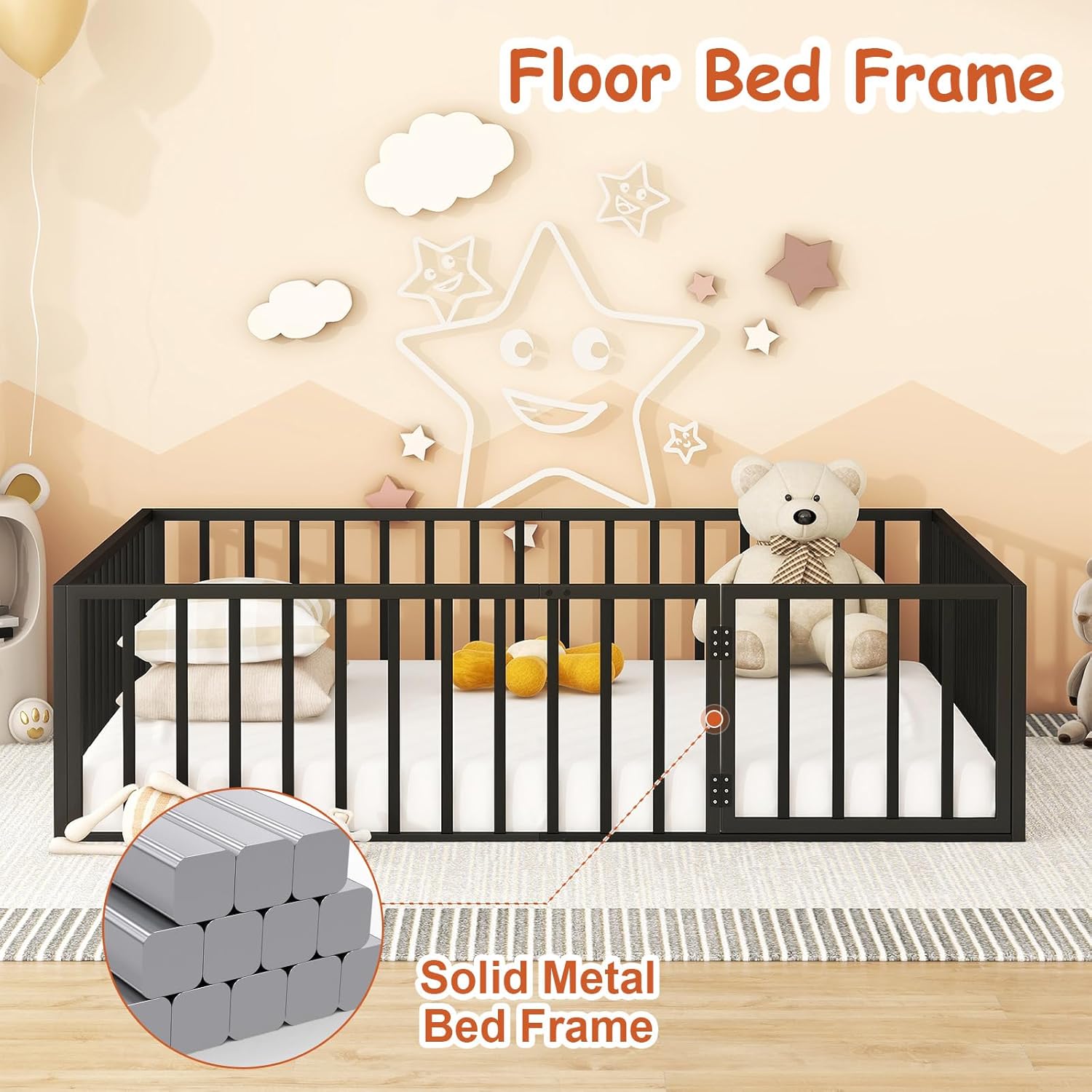 Cama de suelo de metal Queen, marco de metal resistente con valla y puerta, ideal para transición Montessori