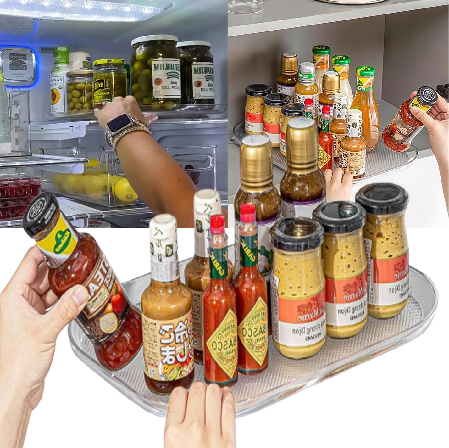 Lazy Susan – Organizador de tocadiscos para refrigerador, organizador de despensa, organizador de cocina, organizador rectangular transparente para