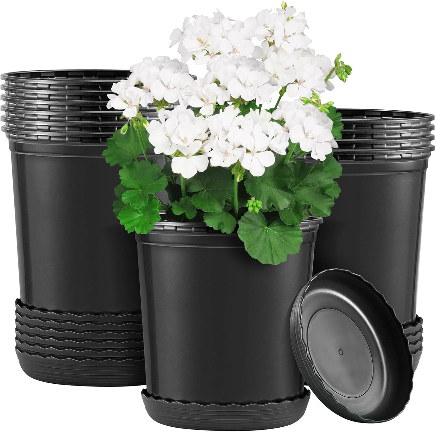 GROWNEER Juego de 12 macetas flexibles de 6 pulgadas de 1 galón para plantas, macetas con orificio de drenaje y platillo, contenedor para plantas de
