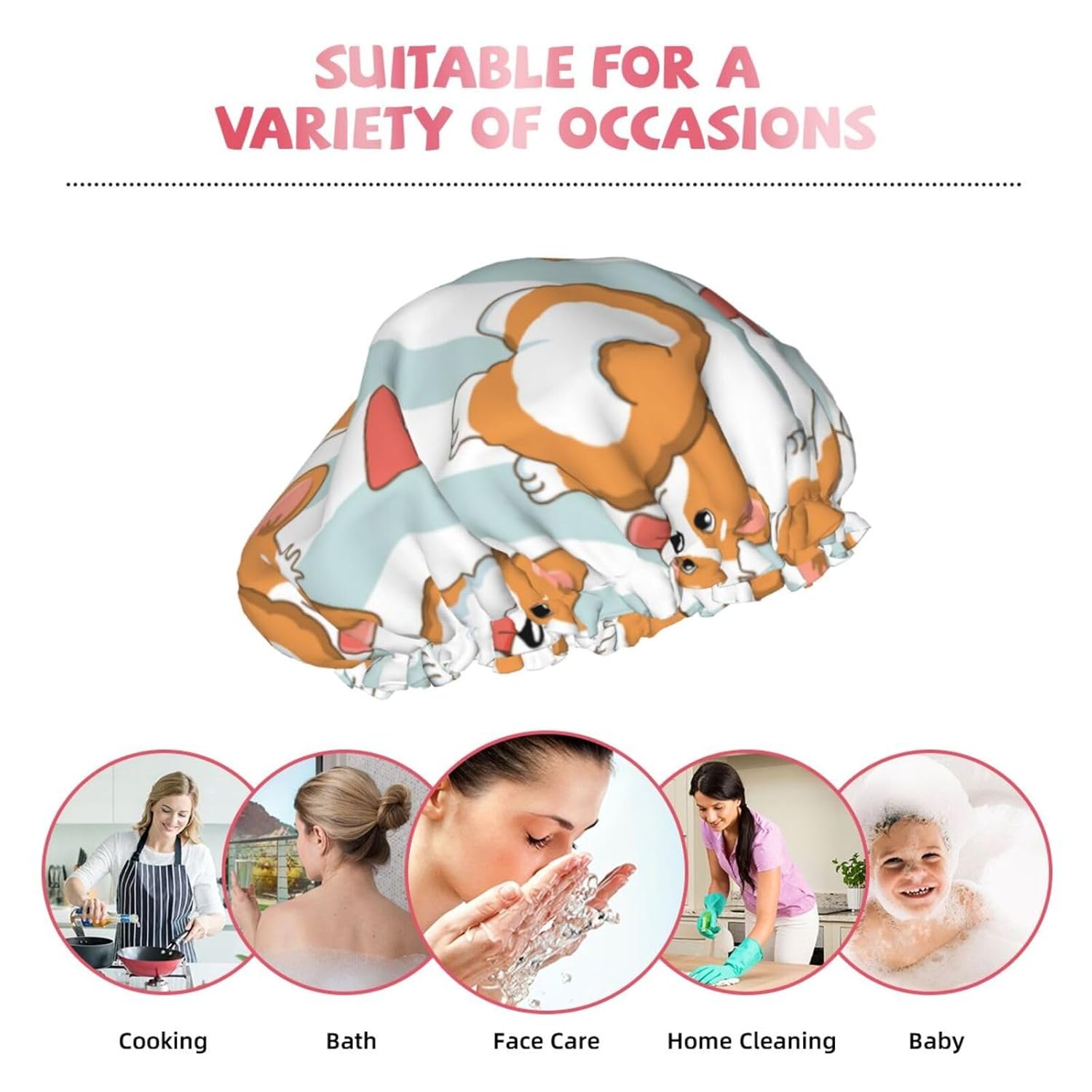 Gorro de ducha de lujo para mujer, diseño de caricaturas, encantadores, perros corgi y corazones, impermeable, reutilizable, doble capa para cabello