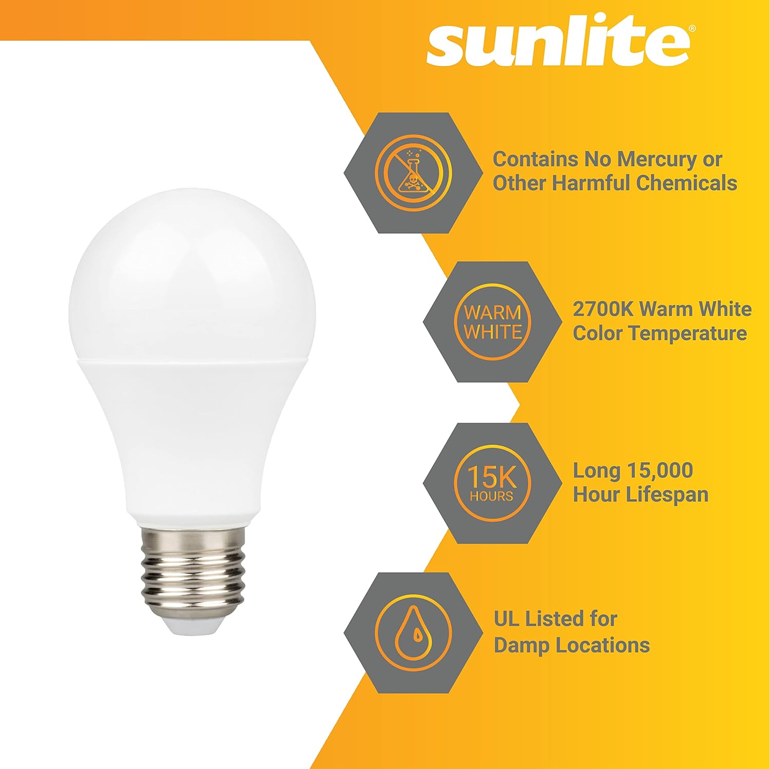 Sunlite 41804-SU – Bombilla LED A19, no regulable, 11 W (equivalente a 75 W), 1100 lúmenes, base mediana (E26), certificación UL, 2700 K blanco