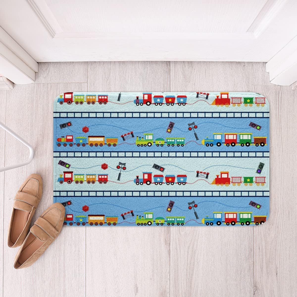 Erosebridal Alfombra de baño de tren colorido de 20 x 32 pulgadas, alfombra de vehículos multicolor de dibujos animados para niños, alfombra de baño