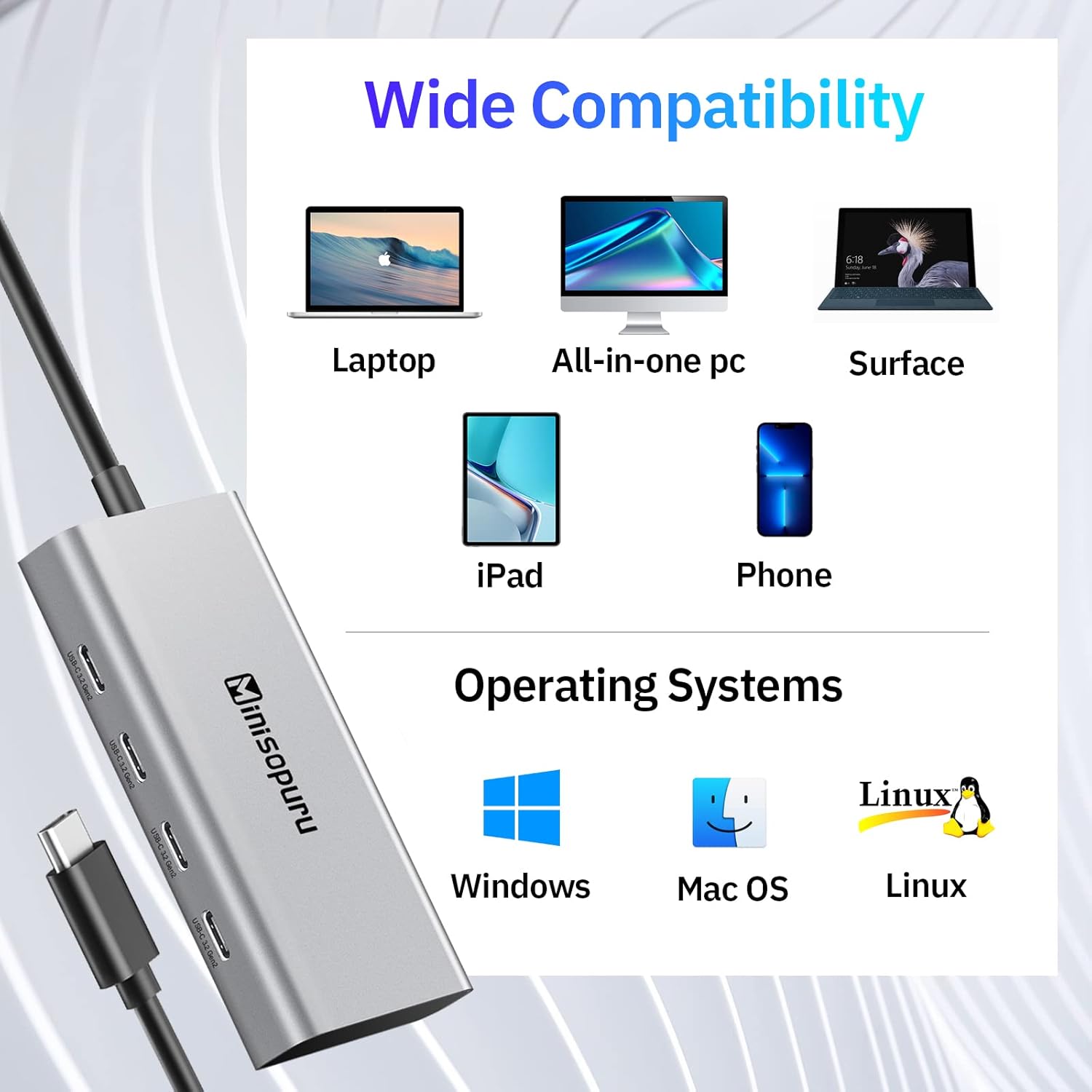 Minisopuru Divisor USB C  Hub USB C de 4 puertos para portátil, solo transferencia de datos (no compatible con alimentación y video) USB C a USB C