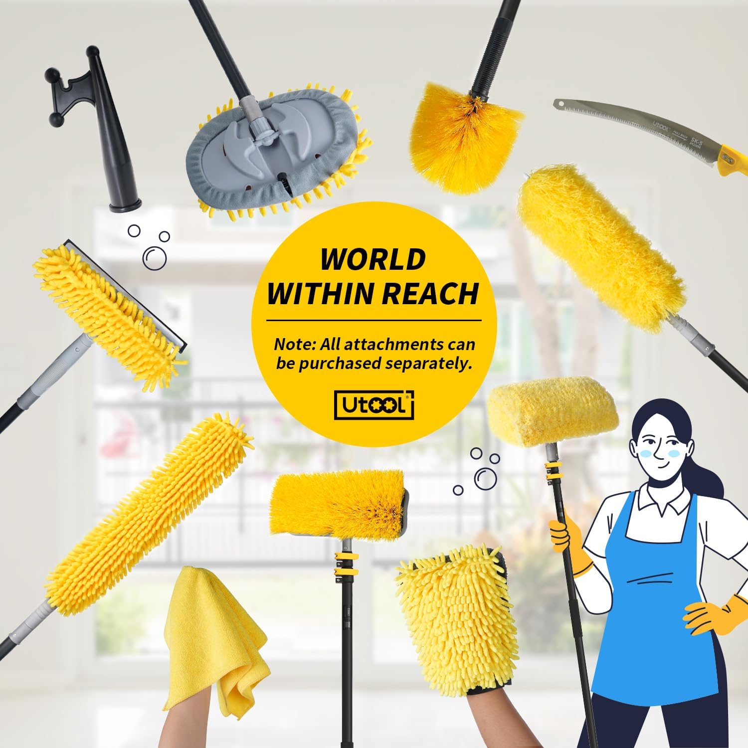 UTOOL Poste de extensión telescópico de 12 pies para pintura, limpieza de automóviles, lavado de ventanas, polvo de ventilador de techo, poste