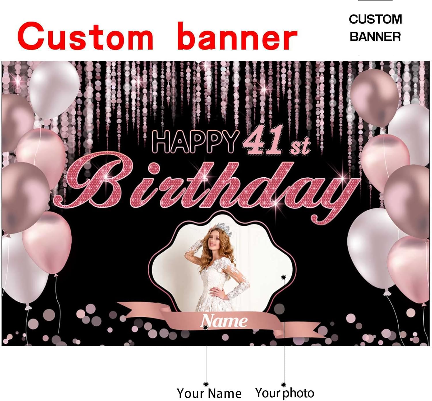 Cartel de decoración de feliz cumpleaños número 41 de oro rosa, tamaño grande, personalización con nombre y foto compatible