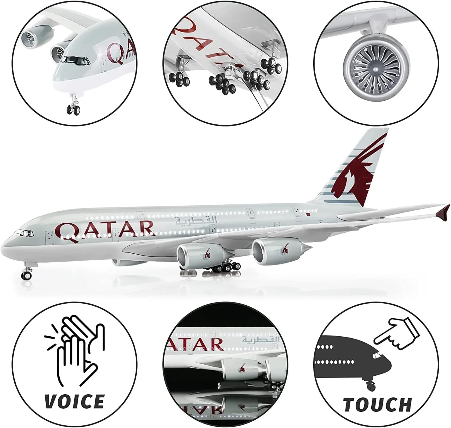 Modelo grande de avión Qatar A380 a escala 1160, aviones de 19.9 in, aviones de resina plástica para colección o regalo (blanco, sin luz)