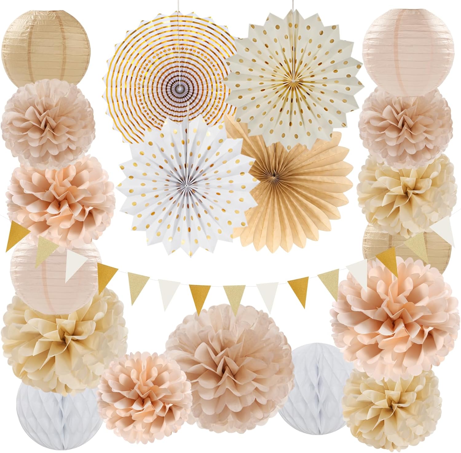 Decoraciones de fiesta bohemias de color beige, dorado champán, blanco, melocotón, 20 unidades neutrales para baby shower, linternas rústicas de