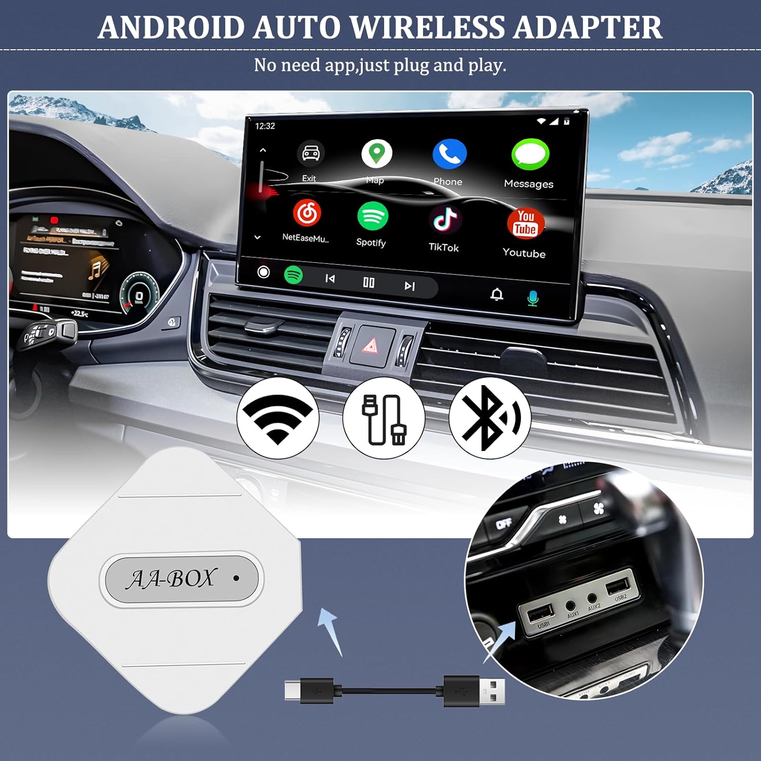 Adaptador automático inalámbrico para Android, dongle automático inalámbrico Android, teléfonos Android convierte Android Auto con cable a