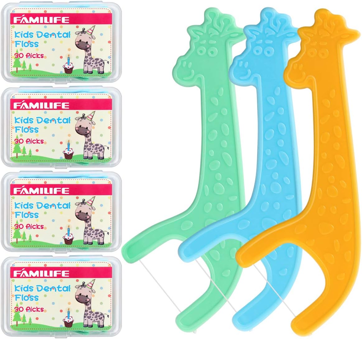 FAMILIFE Púas de hilo dental, 120 púas de hilo dental para niños sin flúor, púas de dientes con 4 estuches prácticos de viaje, ayuda a combatir la
