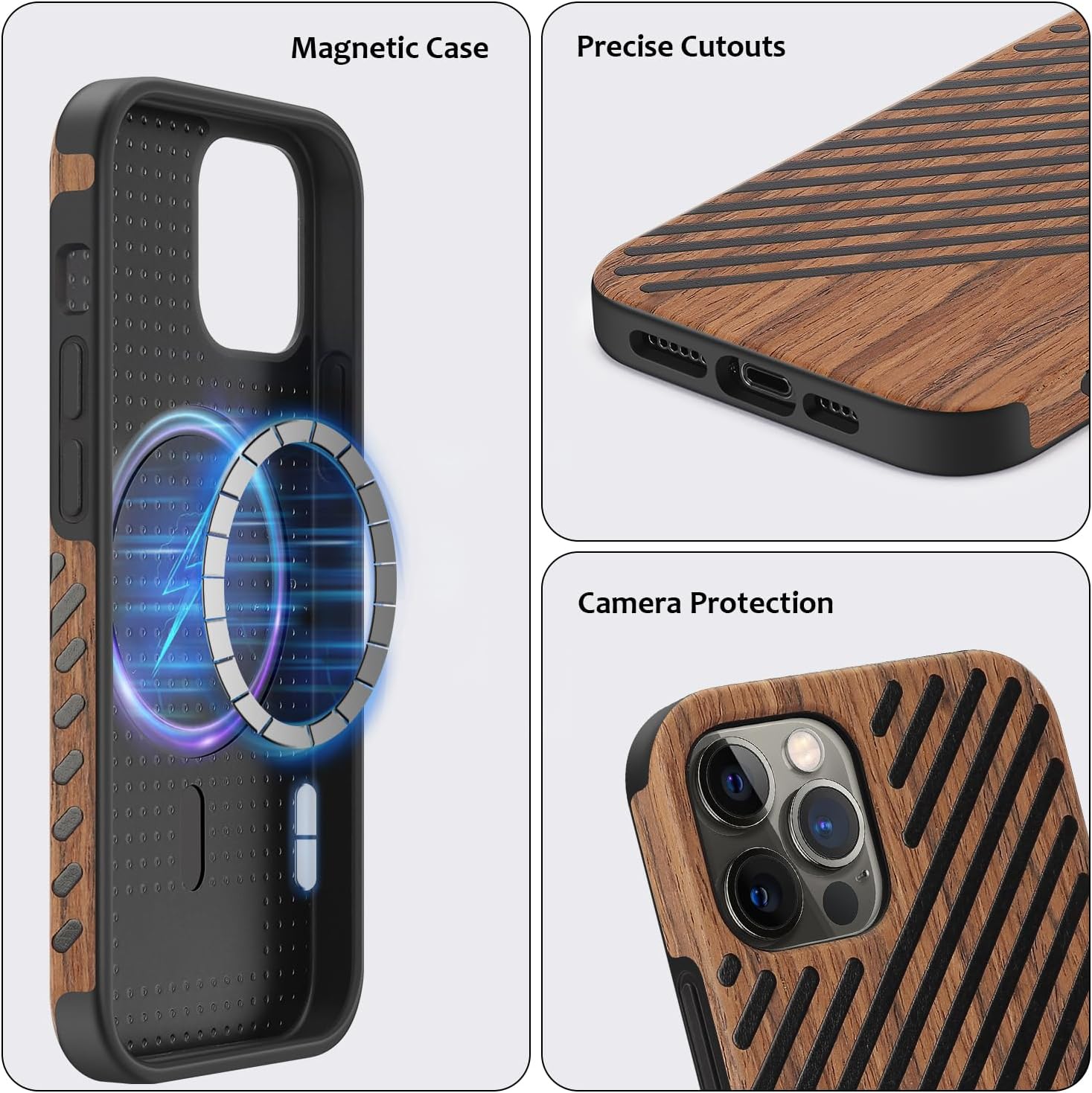 ZZDZZ Funda magnética compatible con iPhone 12 Pro  iPhone 12 compatible con MagSafe diseño de madera y cuero, funda híbrida de TPU a prueba de