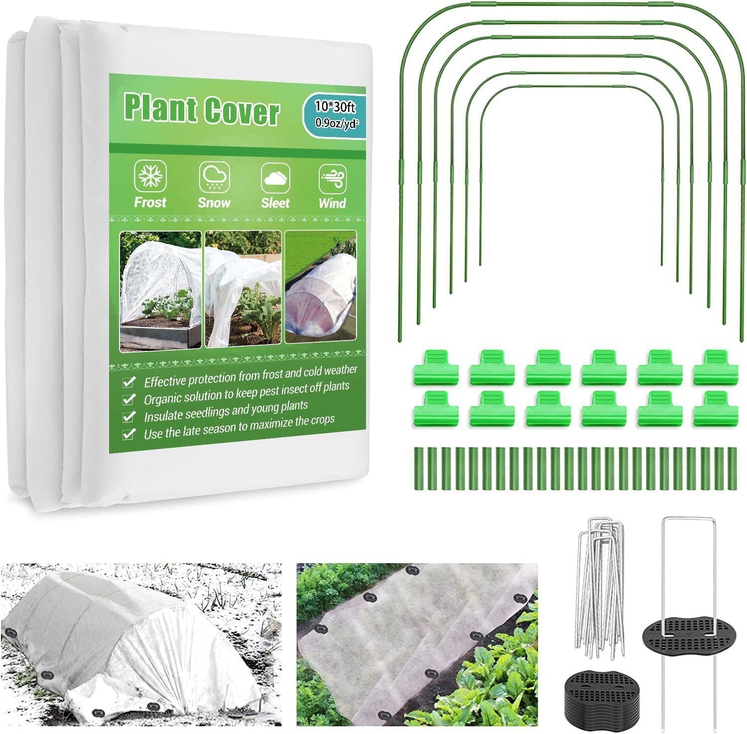 ZOOMSAVO Kit de cubierta para plantas a prueba de heladas de 10 x 30 pies y 6 aros de jardín y 12 clips para invernadero, manta de escarcha,