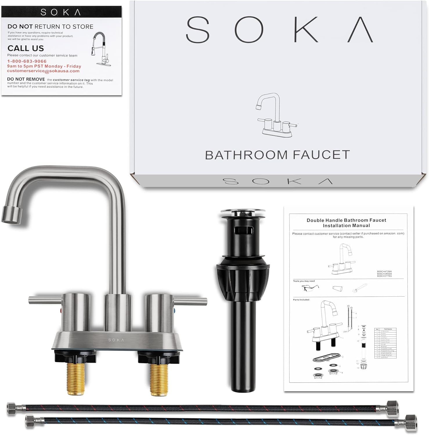 SOKA Centerset – Grifo de baño con 2 asas de 4 pulgadas, fregadero de mano comercial, grifo táctil de 3 agujeros, níquel cepillado, palanca L
