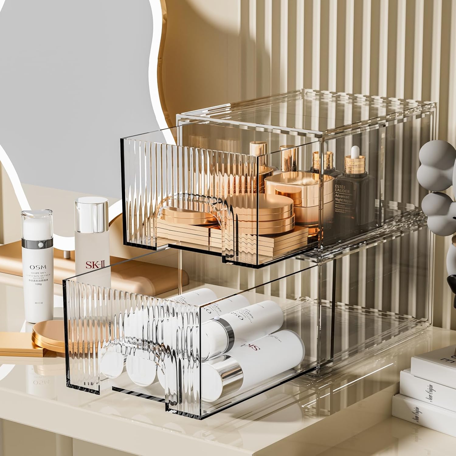 ZHIAI Juego de 2 cajones organizadores de maquillaje apilables a rayas, organizador de baño de plástico, caja de almacenamiento de cosméticos para