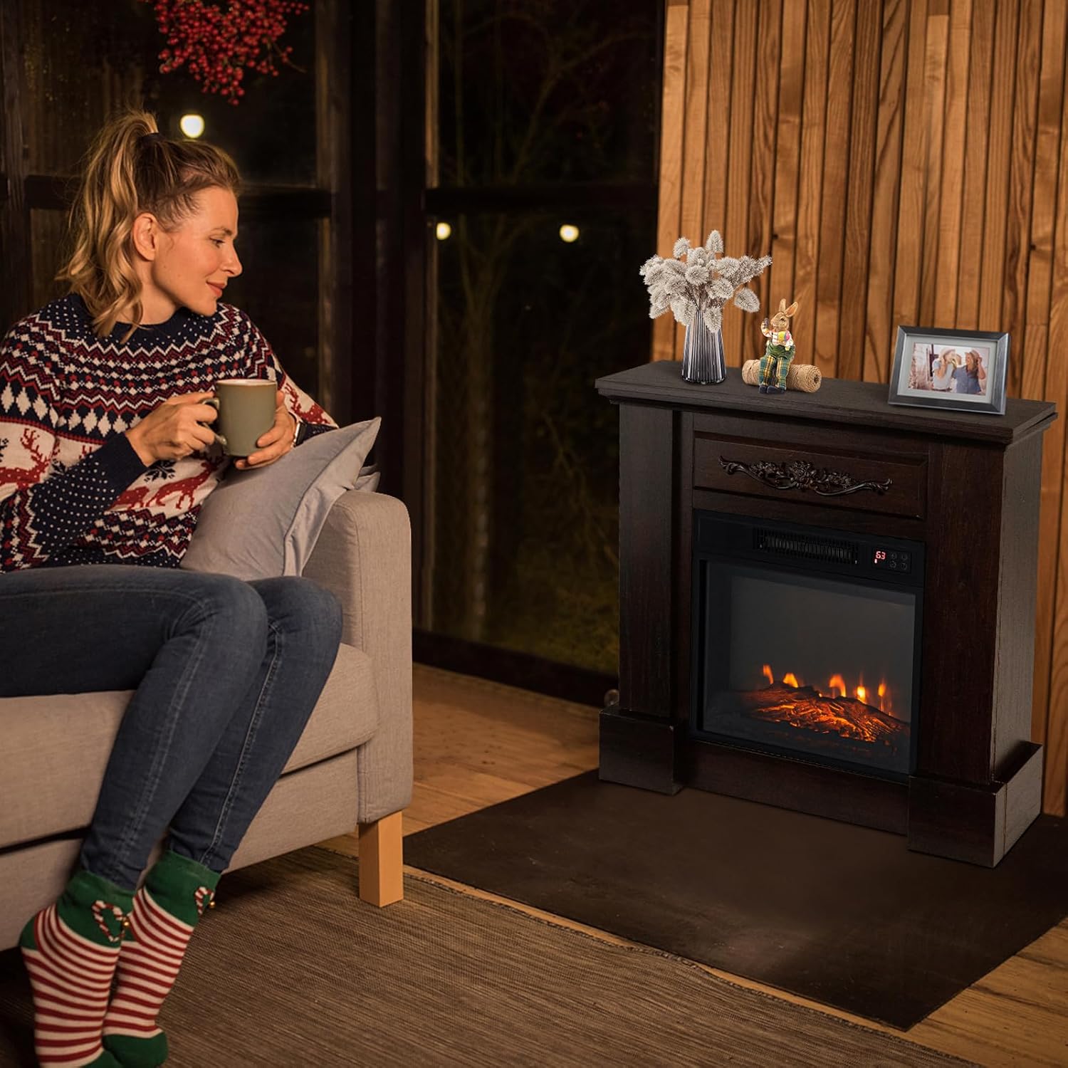ORALNER Chimenea eléctrica de 32 pulgadas con repisa, paquete de chimenea envolvente de madera con 3 efectos de llama, control remoto y temporizador