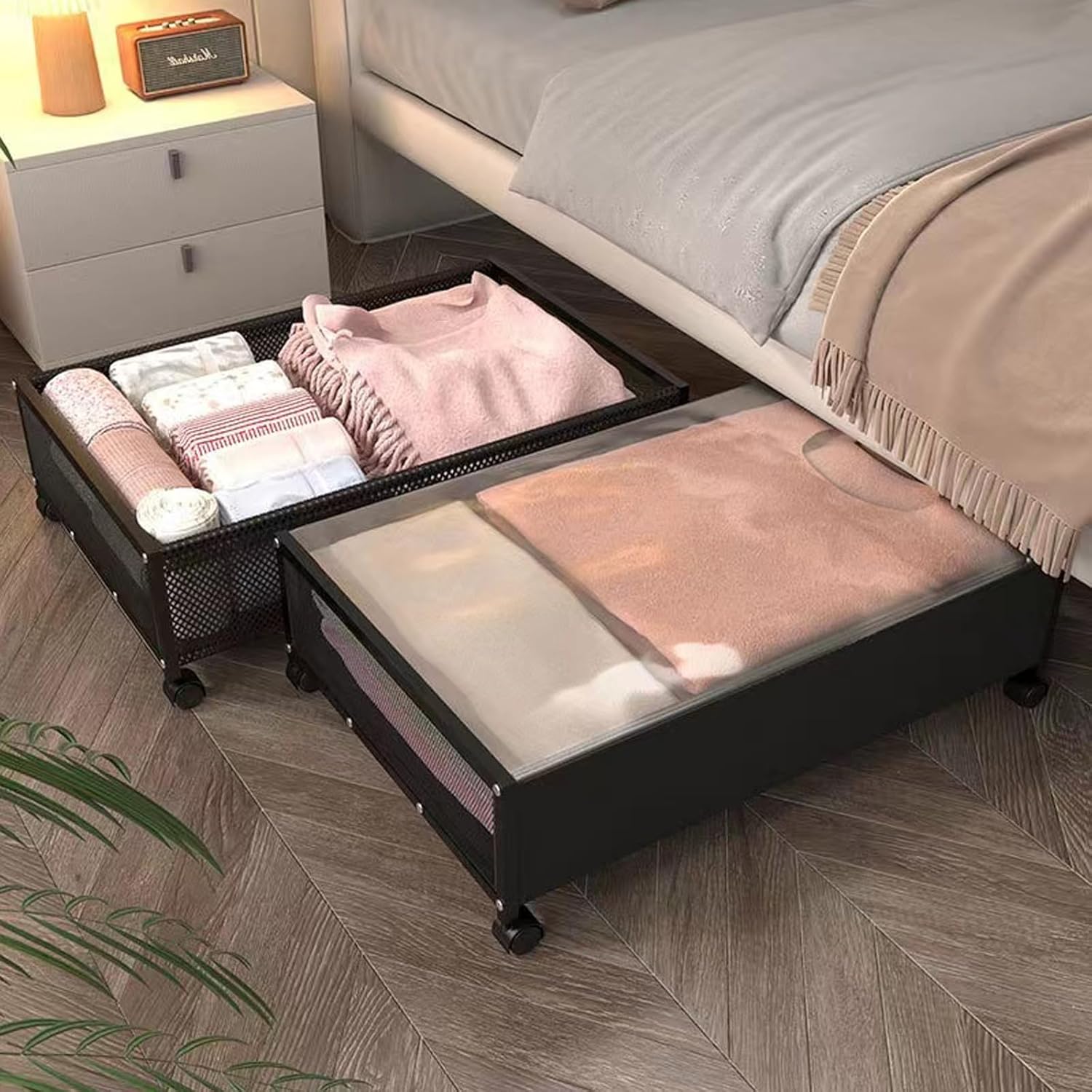 steauty Almacenamiento debajo de la cama con ruedas, contenedores de almacenamiento de metal debajo de la cama con cubierta transparente, cajas de