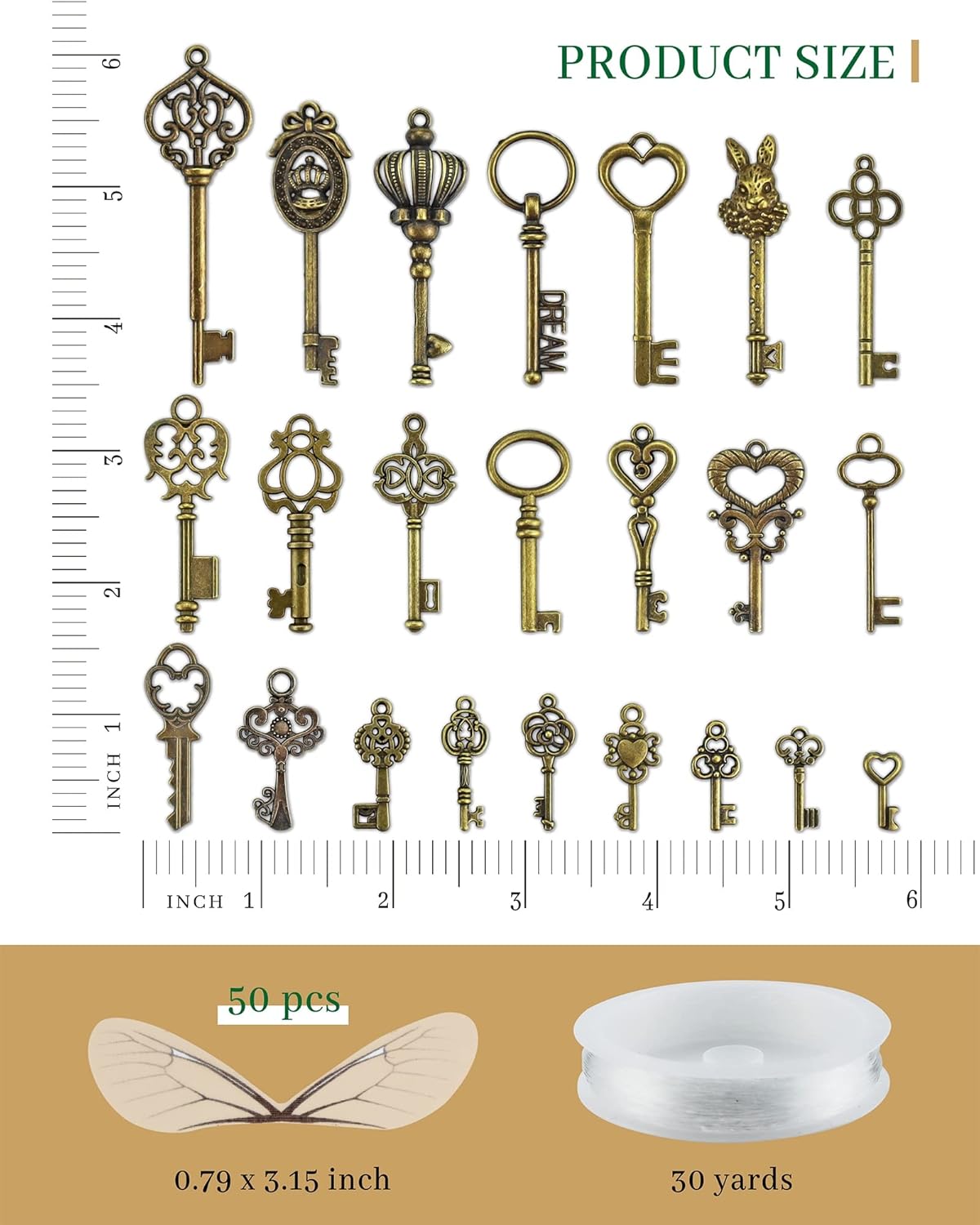 46 piezas de llaves de esqueleto vintage con 50 pares de alas de libélula y cuerda elástica de cristal de 30 yardas para hacer joyas, bodas,