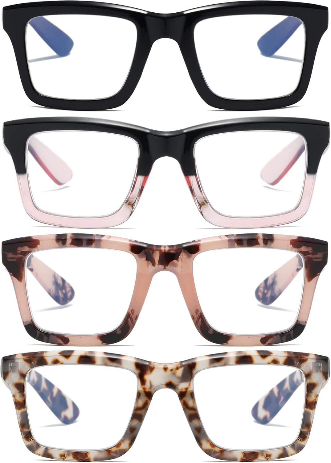 ZXYOO Paquete de 4 lentes de lectura estilo Oprah para mujeres y hombres con bloqueo de luz azul, para computadora, cuadrados, de metal