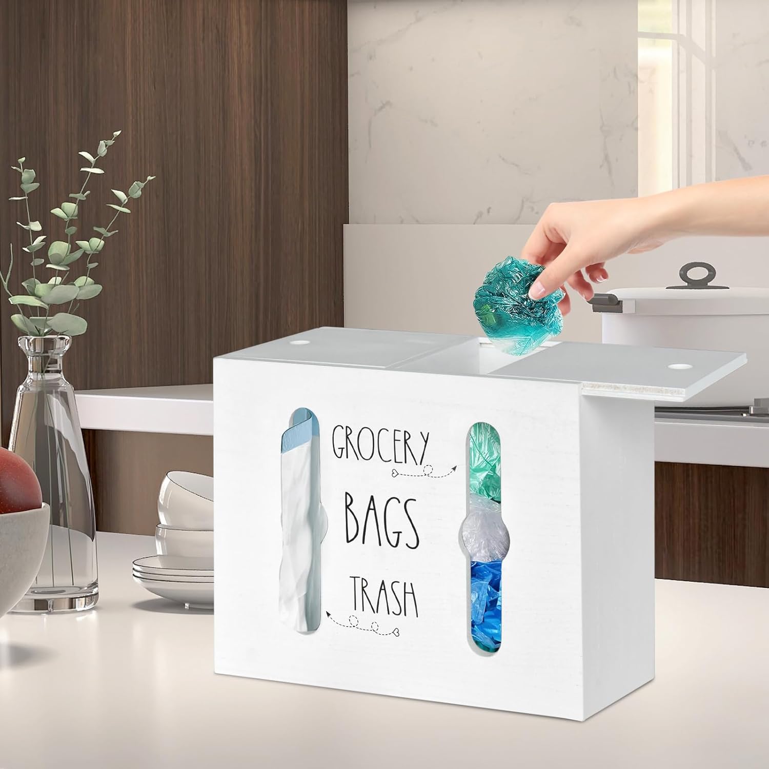 SOWA Soporte para bolsas de plástico de madera y dispensador de bolsas de basura, dispensador de bolsas de plástico 2 en 1 para bolsas de