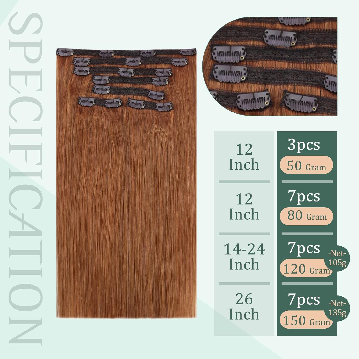 Fshine Extensiones de cabello humano con clip, 7 unidades, extensiones de cabello Remy sin costuras, extensiones de cabello humano con clip, doble
