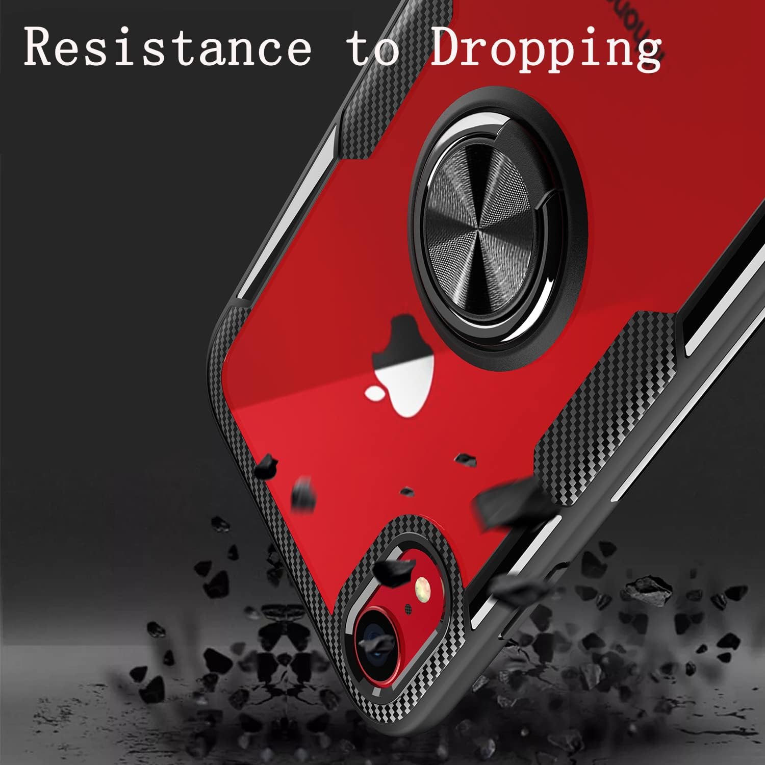 Funda con anillo para iPhone XR, diseño de fibra de carbono de cristal transparente, antiarañazos, con soporte de anillo de rotación de 360 grados