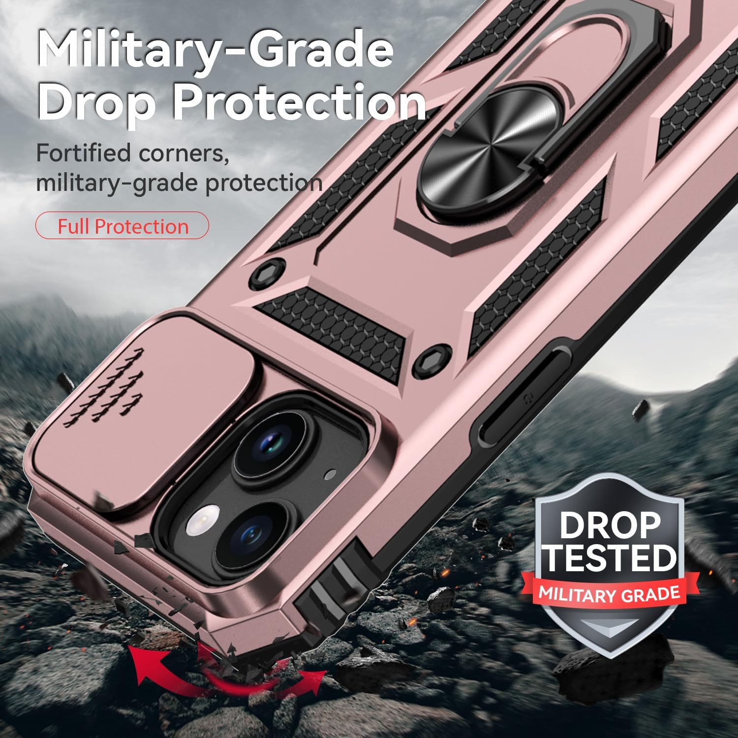 Hitaoyou Funda compatible con iPhone 15, iPhone 15 con funda para cámara y soporte, grado militar, a prueba de golpes, resistente, con soporte