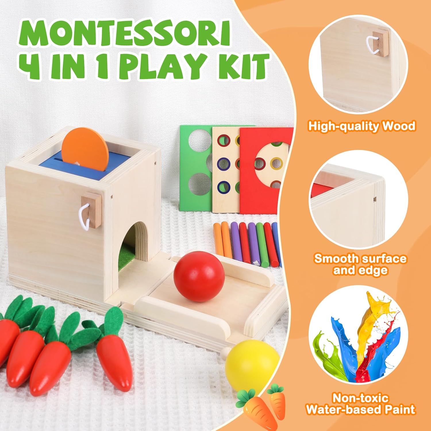 Wooden Montessori Toys Toddlers Play Kit, 4-in-1 Object Permanence Box, Coin Box, Carrot Harvest, Color Match Sticks Drop Game, Educational Learning