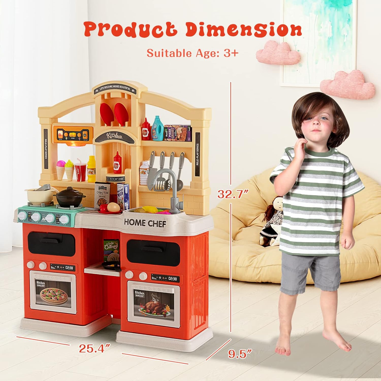 HONEY JOY Juego de cocina para niños, cocina grande de plástico con luces y sonidos realistas, música, función de agua corriente y vapor, 69