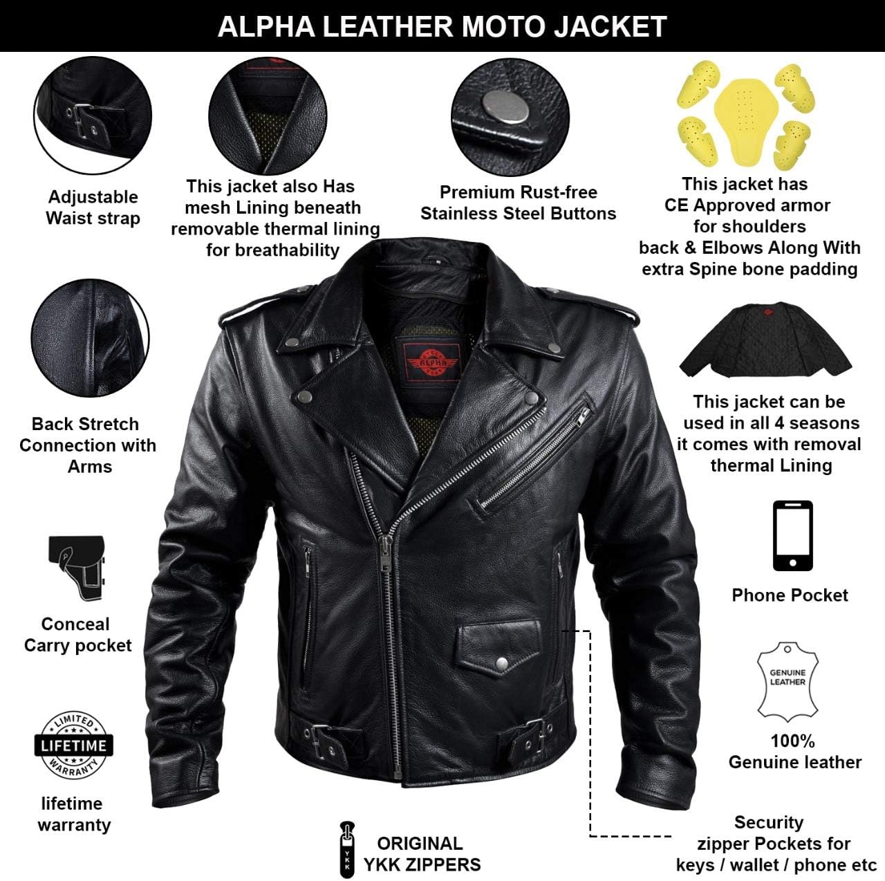 Alpha – Chaqueta de cuero negro para motocicleta con protección para hombre, modelo Brando Cafe Racer, para 4 estaciones, con transporte oculto