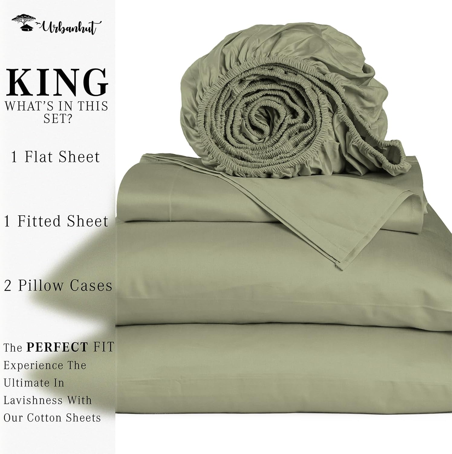 URBANHUT Sábanas de algodón egipcio de 1000 hilos tamaño King, fibra larga, suaves y transpirables, juegos de sábanas de 4 piezas para cama tamaño
