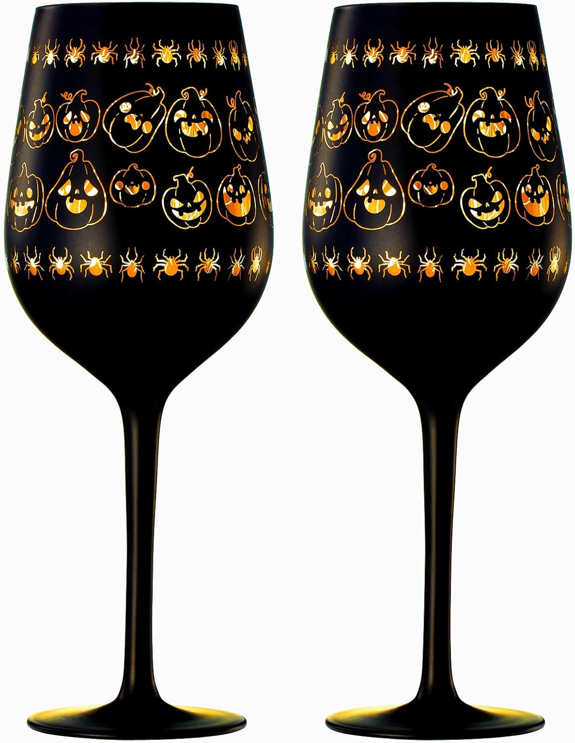 Copas de vino espeluznantes con tallo de cristal, juego de 2 unidades, con temática gótica, vibrante color negro y dorado, con patrón de fantasma,