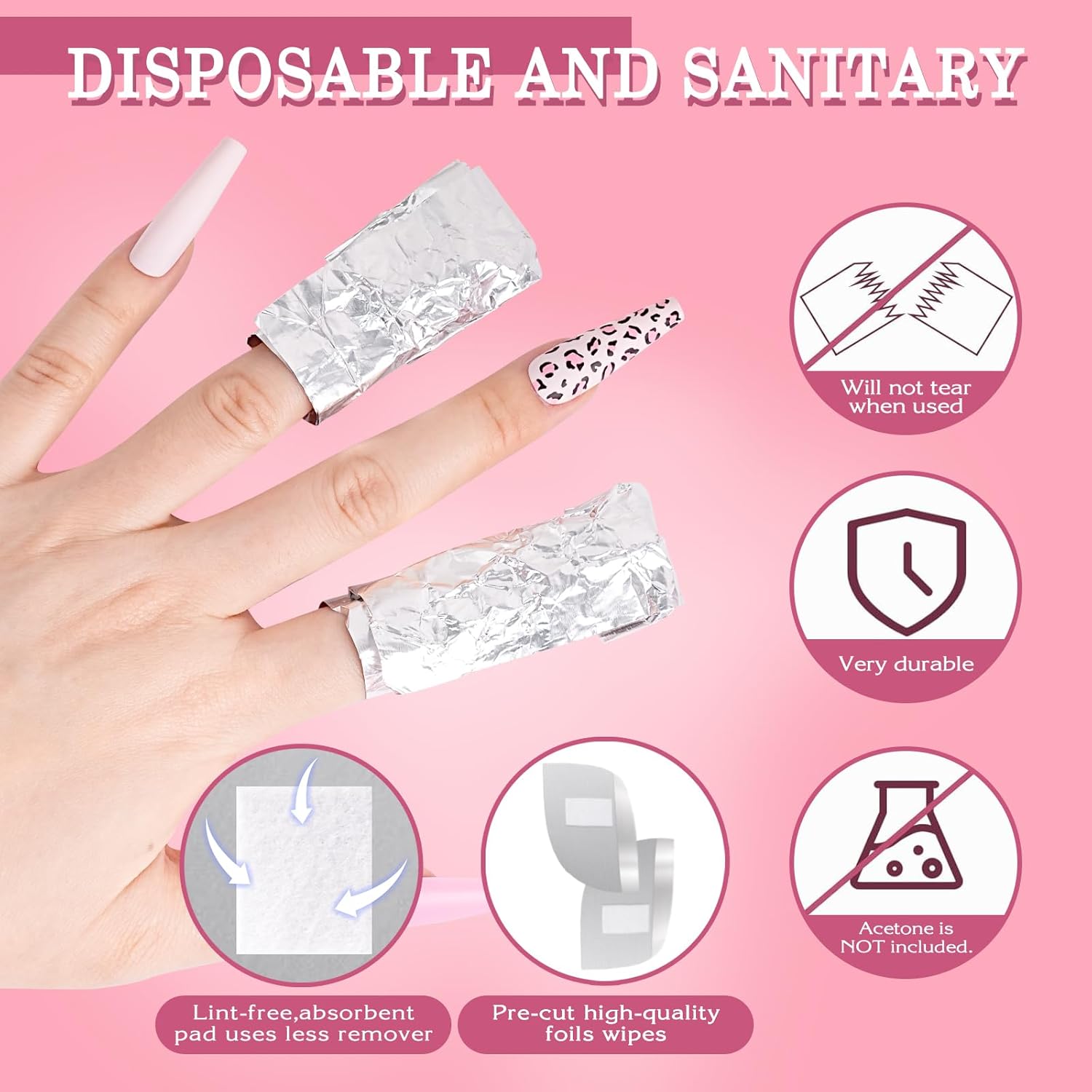 200 envolturas de uñas de aluminio para eliminación de polvo de inmersión acrílico, kit de removedor de esmalte de gel con 1 empujador de cutículas,