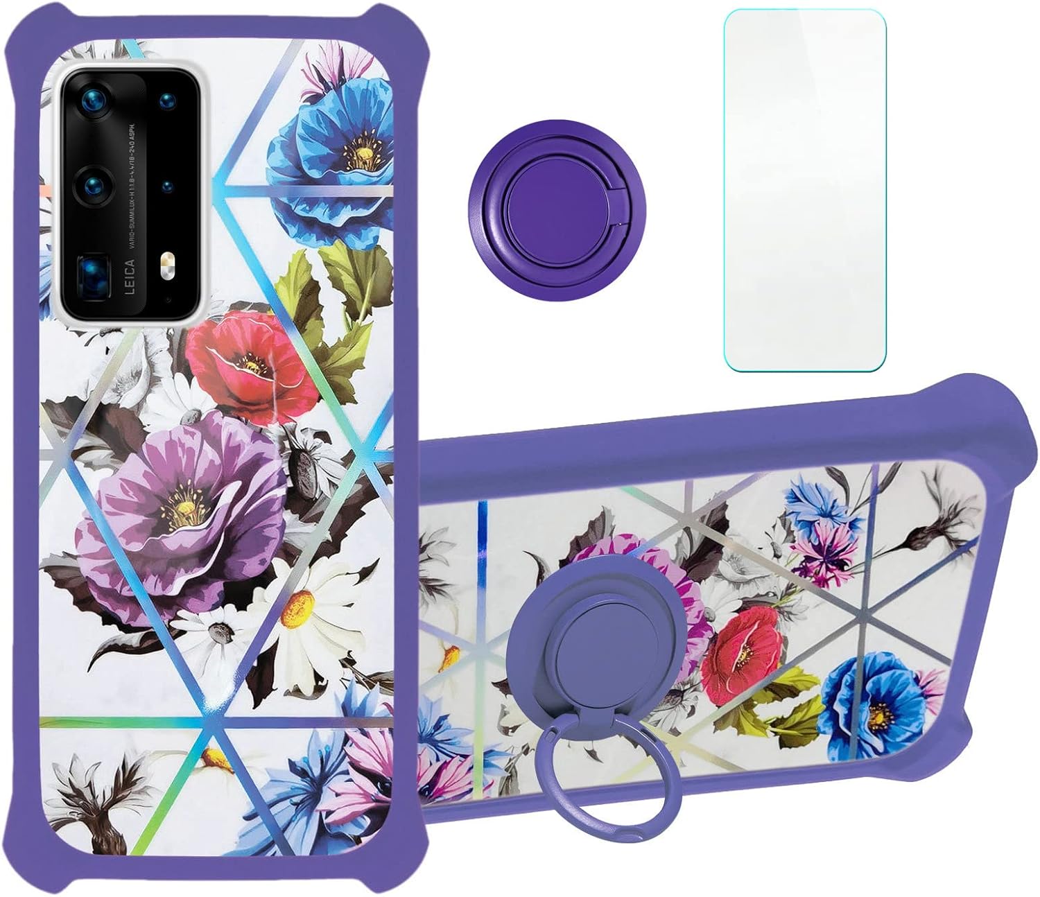 Aroepurt Funda para Huawei P40 PRO compatible con Huawei P40 PRO con protector de pantalla de vidrio templado, PC + TPU 2 en 1, soporte de anillo,