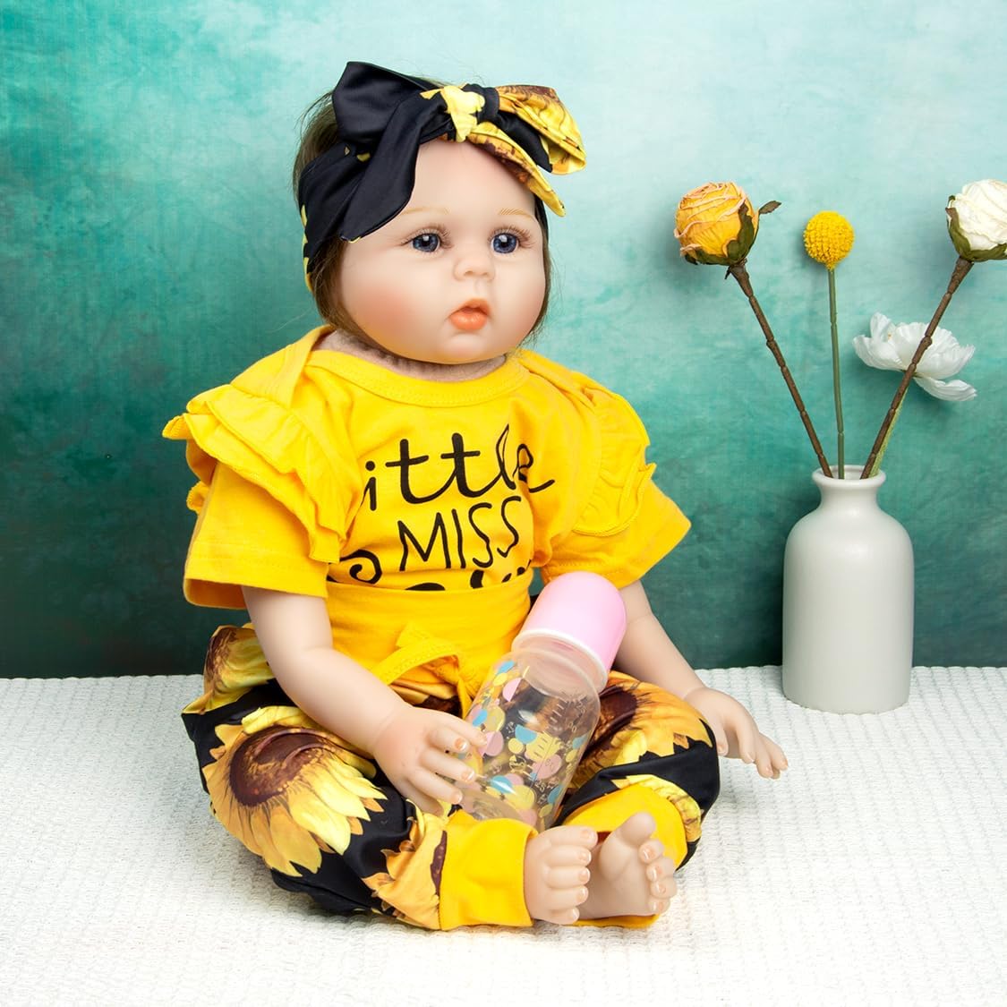 Ropa de muñecas Reborn de 20 a 22 pulgadas, trajes amarillos con patrones de girasoles recién nacidos recién nacidos, ropa a juego