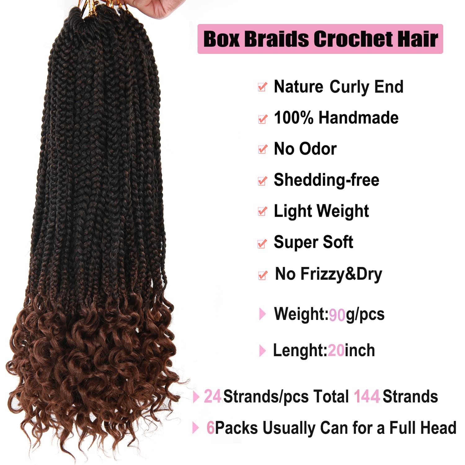 144 raíces por paquete, de 20 pulgadas, trenzas de ganchillo para mujeres, cabello trenzado de ganchillo negro con extremos rizados, extensiones de