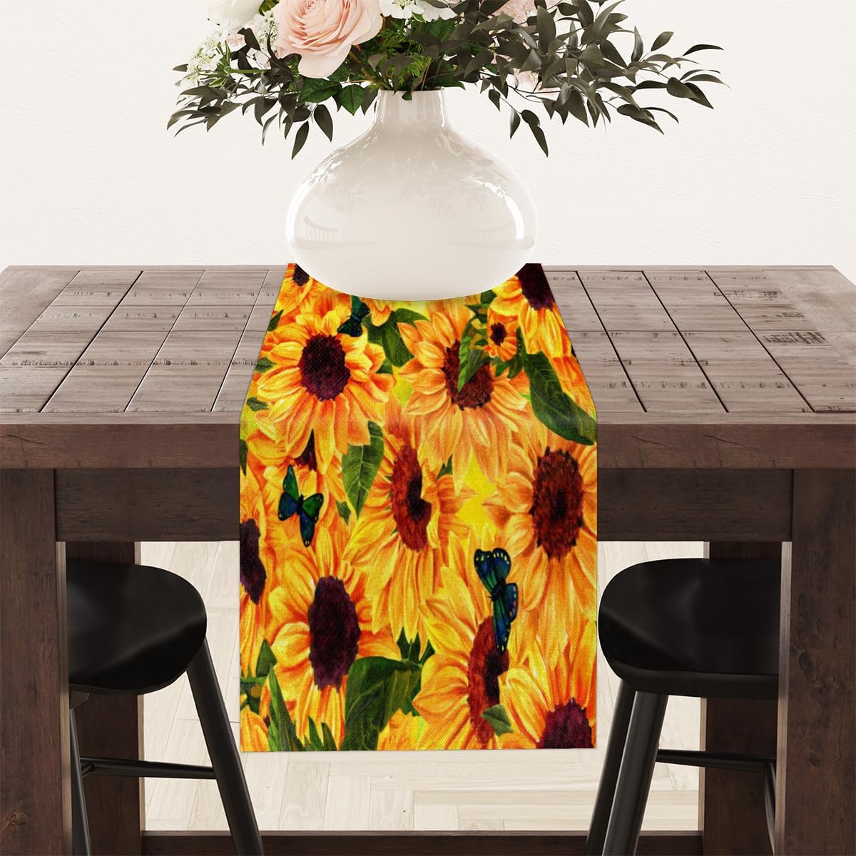 Table Runner Sunflower Butterfly, Rustic Linen Table Cloth for Farmhouse Kitchen, Dinner, Events, Party, Holiday Table Decor 13 x 120 Inches