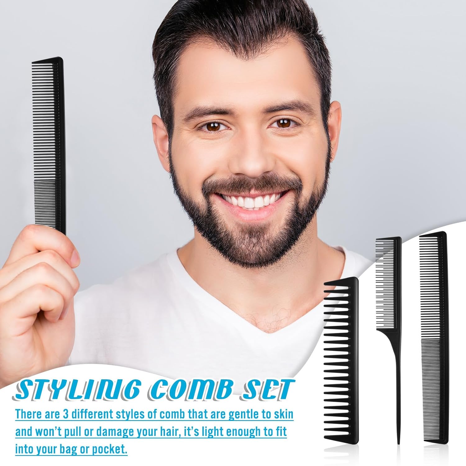 Patelai Peine desenredante de dientes anchos para el cabello, 3 piezas, peine para peinar el cabello, peine de corte de fibra de carbono, peine