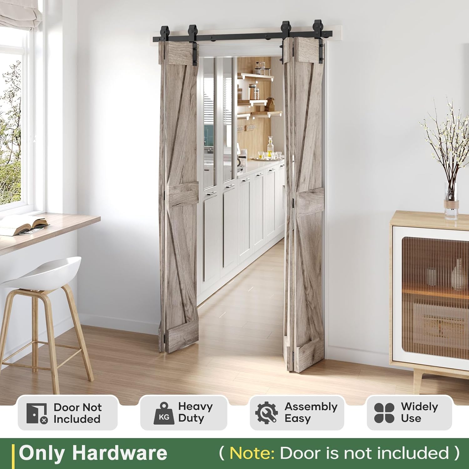 Kit de riel de herrajes para puerta corrediza de granero plegable de 52 pulgadas, rodillo negro montado lateral, suave y silencioso, fácil de