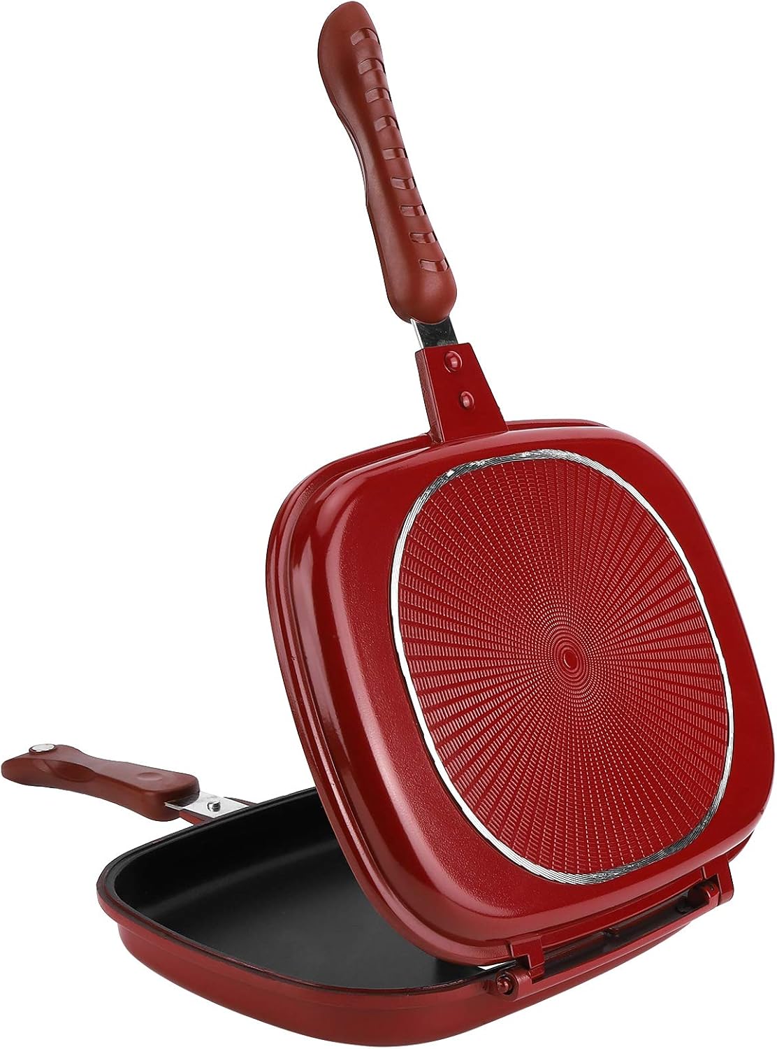 Sartén de doble cara, sartén antiadherente de aleación de aluminio cuadrada roja para utensilios de cocina, 11 x 9.5 pulgadas