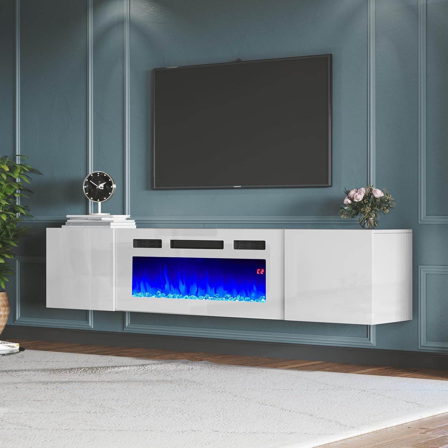 AMERLIFE Soporte de TV flotante con chimenea eléctrica de 36 pulgadas, acabado brillante, centro de entretenimiento con chimenea con almacenamiento