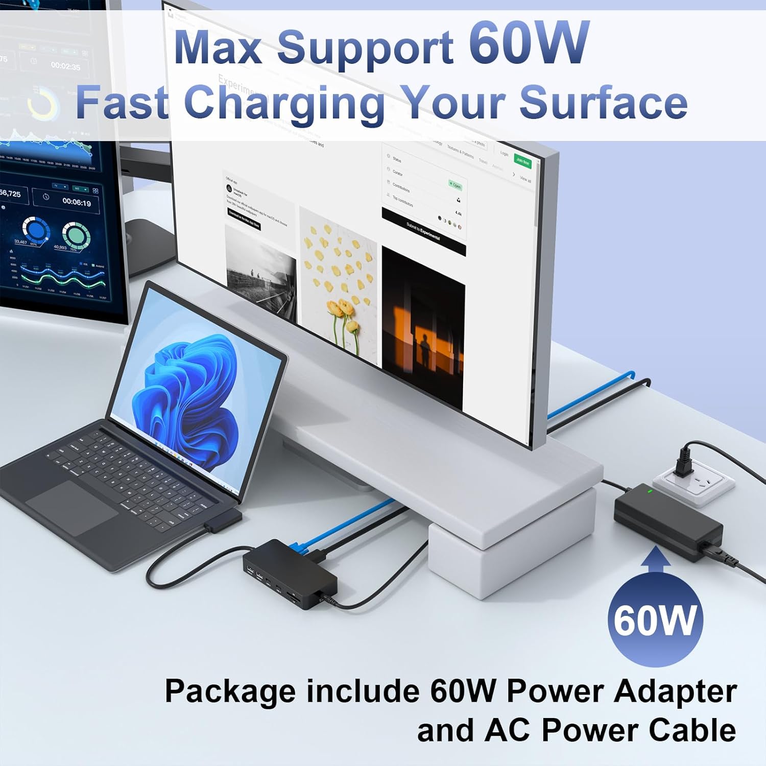 Microsoft Surface Dock 2024, estación de acoplamiento de superficie 11 en 1 con HDMI 4K a 60HZ HDMI+VGA, Ethernet, fuente de alimentación para