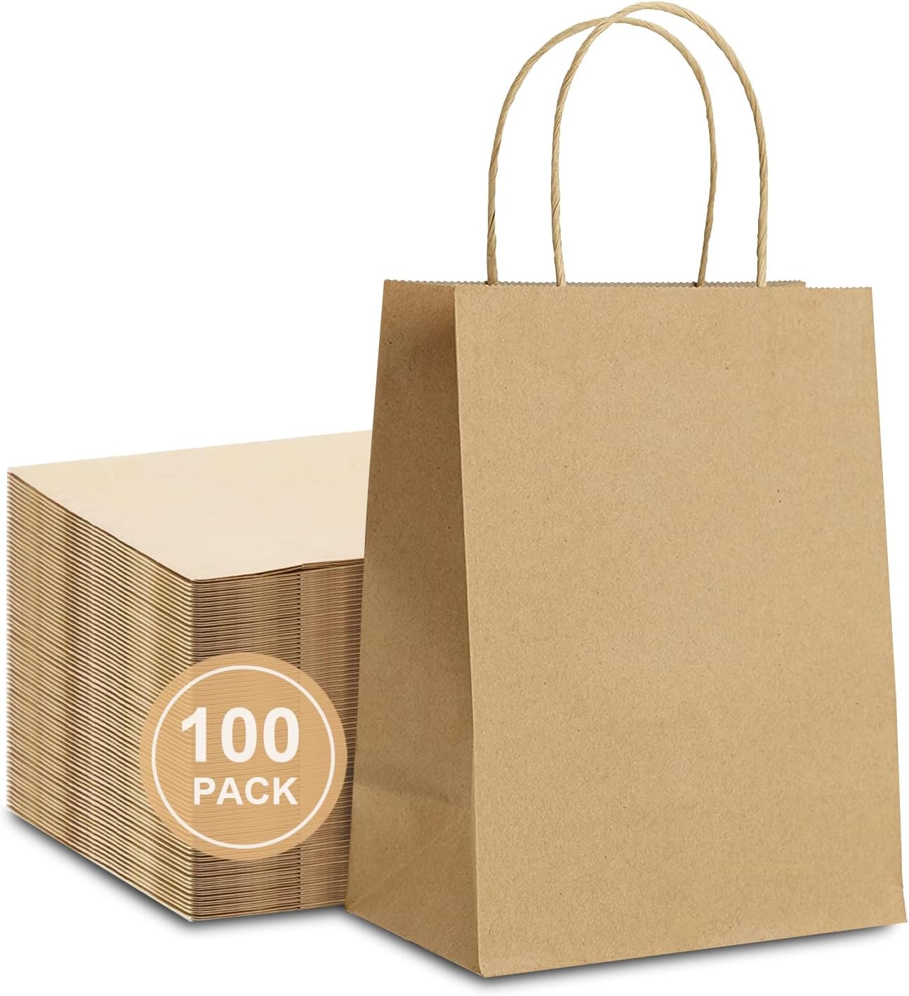 CAYUENG Bolsas de papel kraft de 10 x 5 x 13 pulgadas, 100 bolsas de regalo marrones con asas, bolsas de papel liso para compras, bolsas de papel