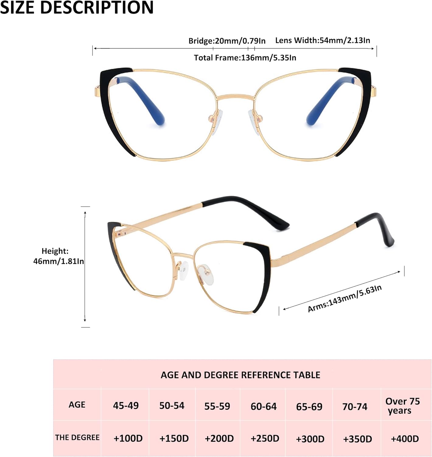 Paquete de 3 gafas de lectura progresivas con montura de metal, ojo de gato, multienfoque, para mujer, con bloqueo de luz azul, con estilo
